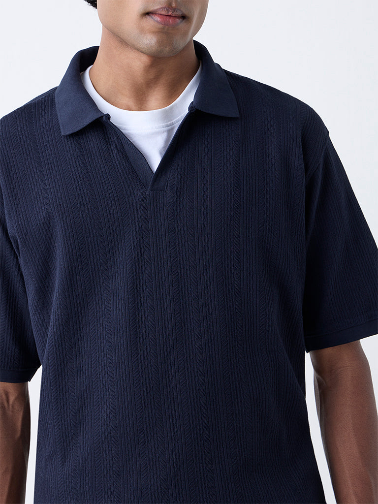 WES Casuals Navy Textured Relaxed-Fit Polo T-Shirt