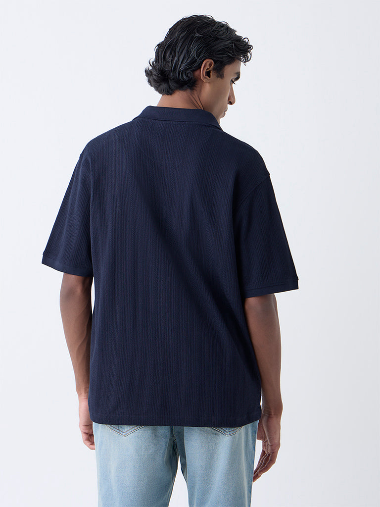 WES Casuals Navy Textured Relaxed-Fit Polo T-Shirt