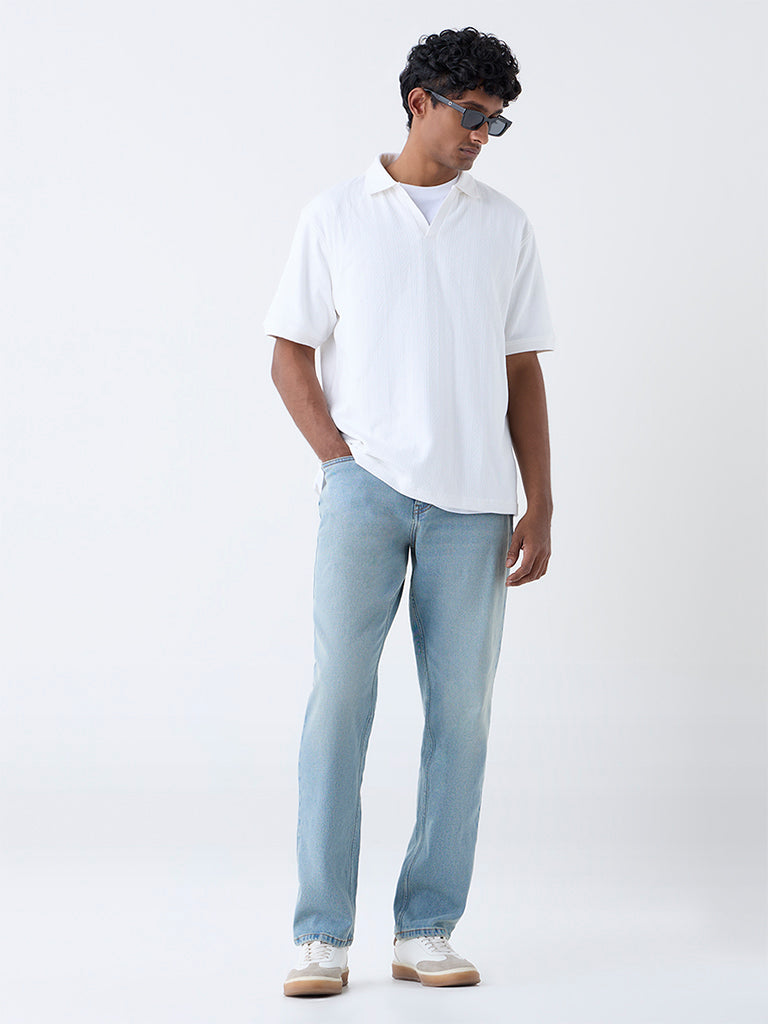 WES Casuals White Textured Relaxed-Fit Polo T-Shirt