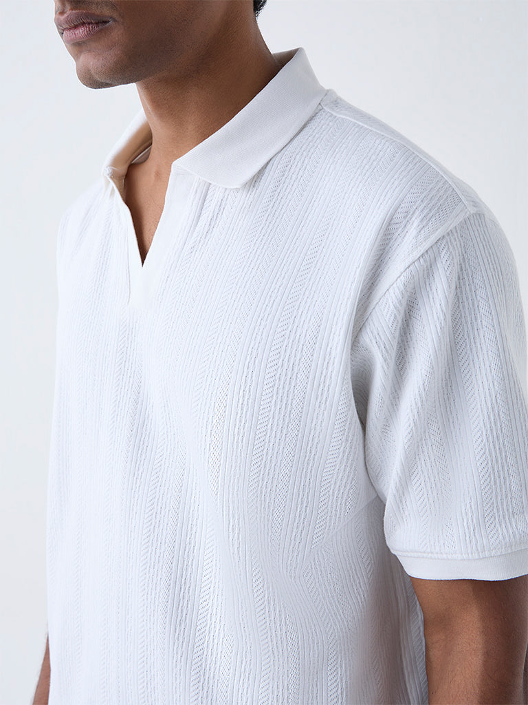 WES Casuals White Textured Relaxed-Fit Polo T-Shirt