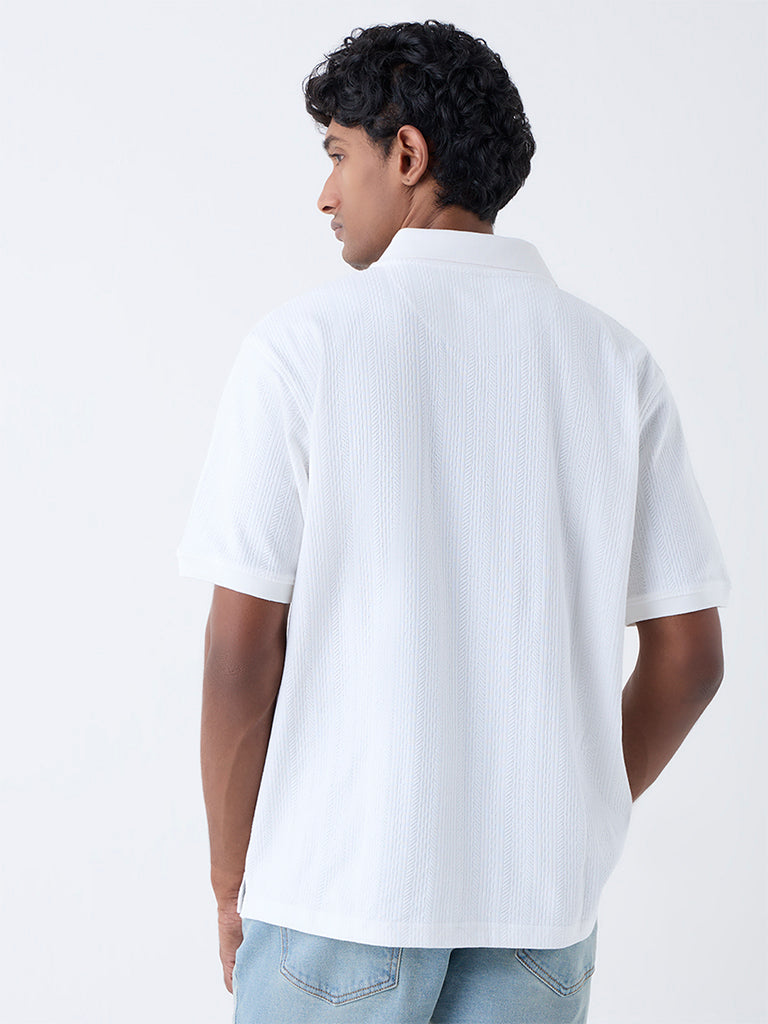 WES Casuals White Textured Relaxed-Fit Polo T-Shirt