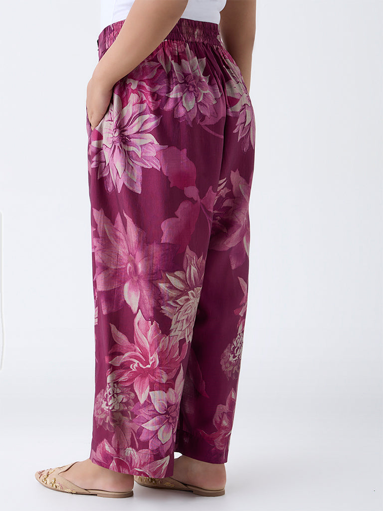 Diza Plum Floral Printed Palazzos