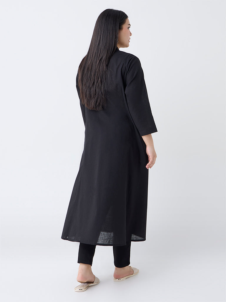 Diza Black Floral Embroidered Cotton A-Line Kurta