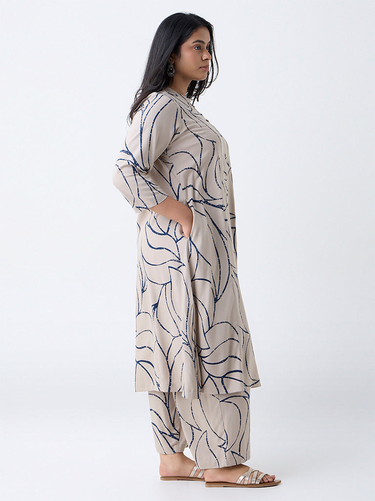 Diza Beige Printed A-Line Kurta