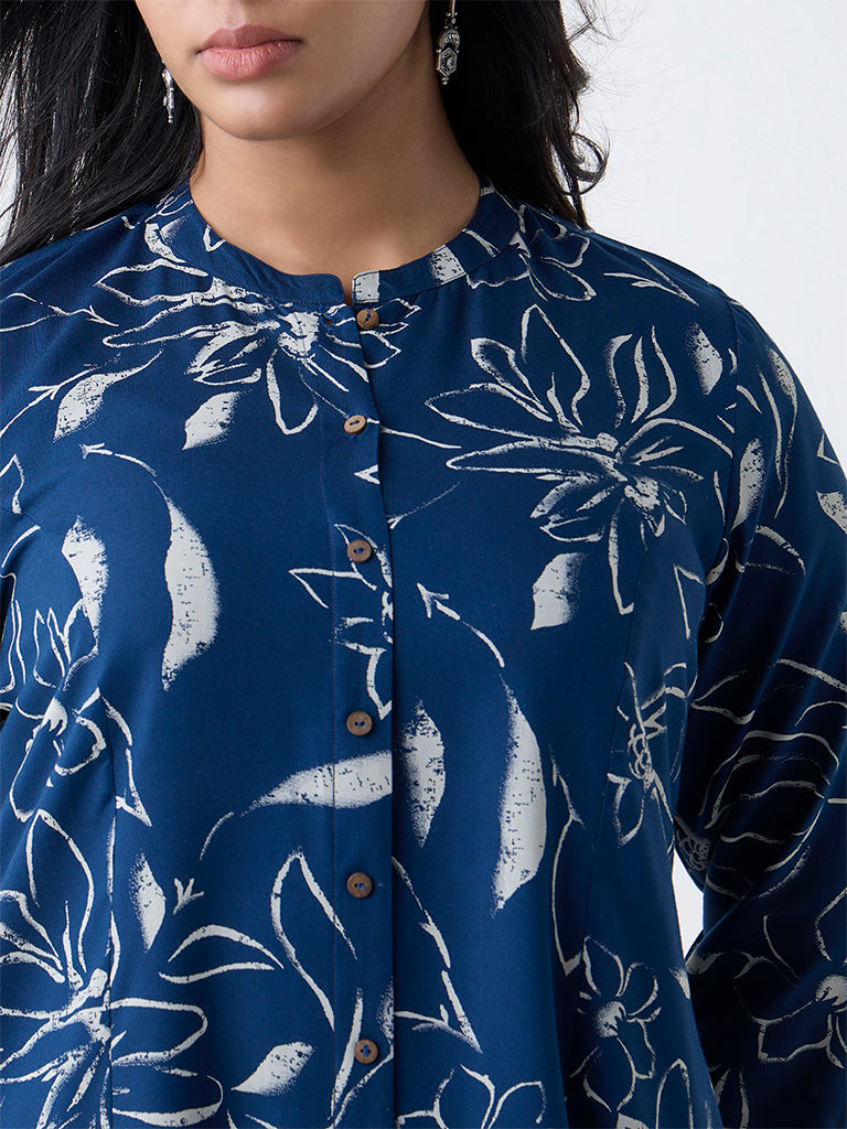 Diza Indigo Floral Design A-Line Kurta