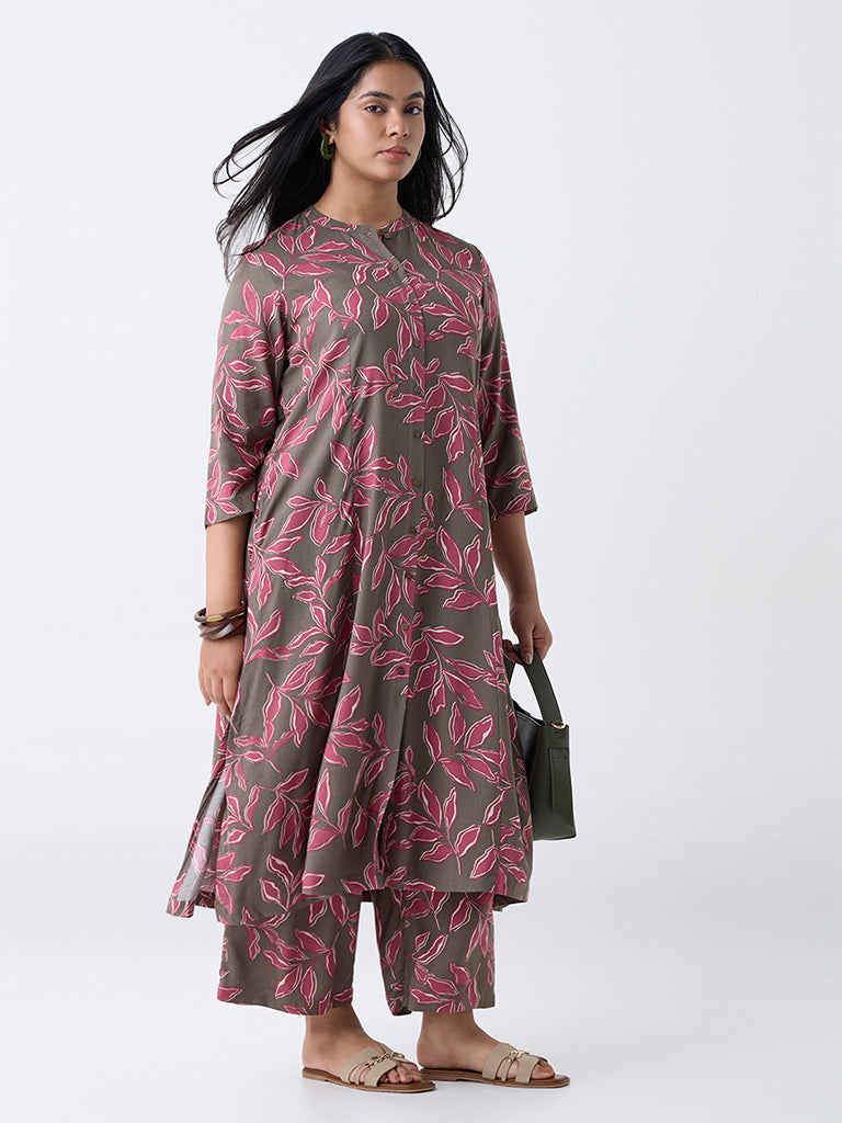 Diza Taupe Leaf Design A-Line Kurta