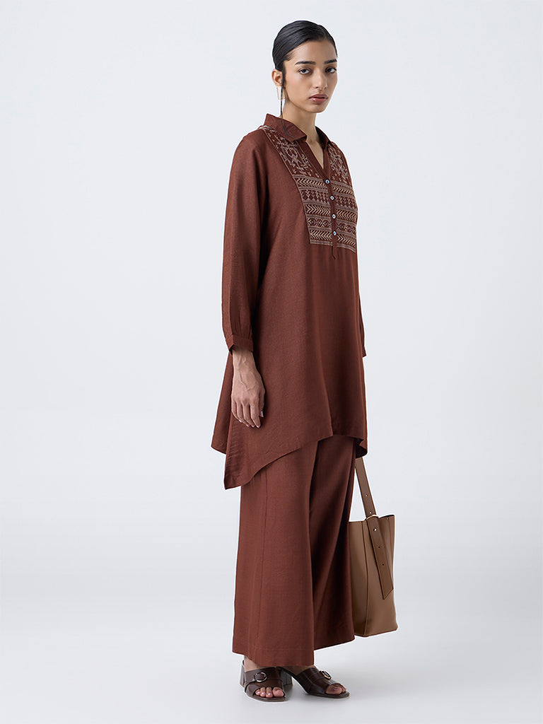 Zuba Brown Embroidered A-Line Kurta