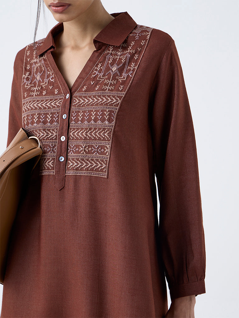 Zuba Brown Embroidered A-Line Kurta
