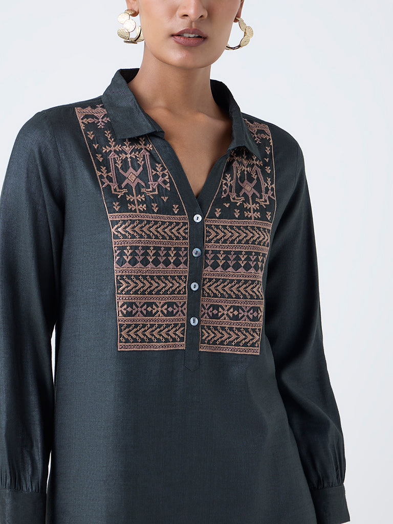 Zuba Dark Green Embroidered Tunic