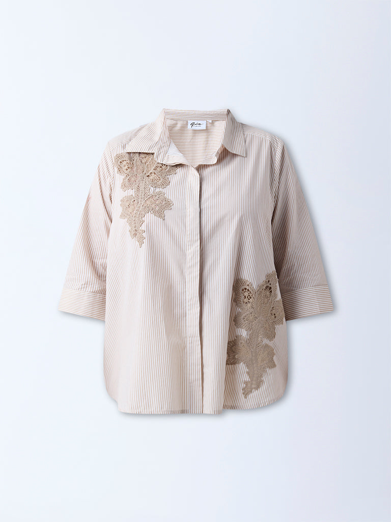 Gia Beige Floral Embroidered Cotton Shirt