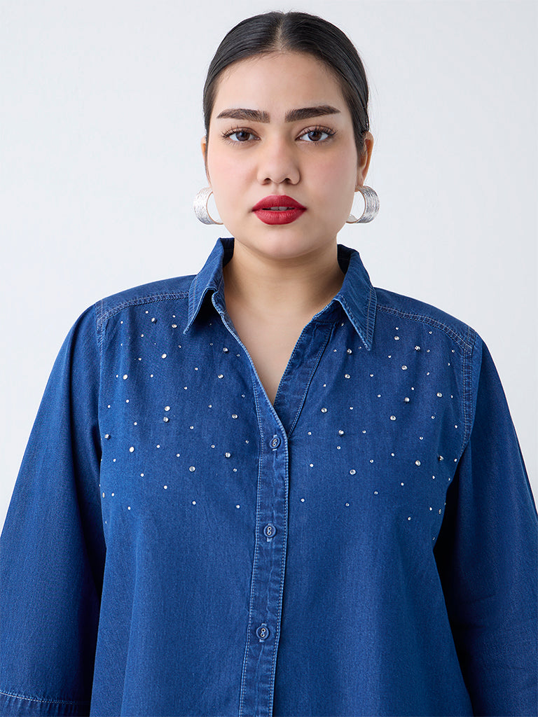 Gia Blue Diamante-Embellished Denim Shirt