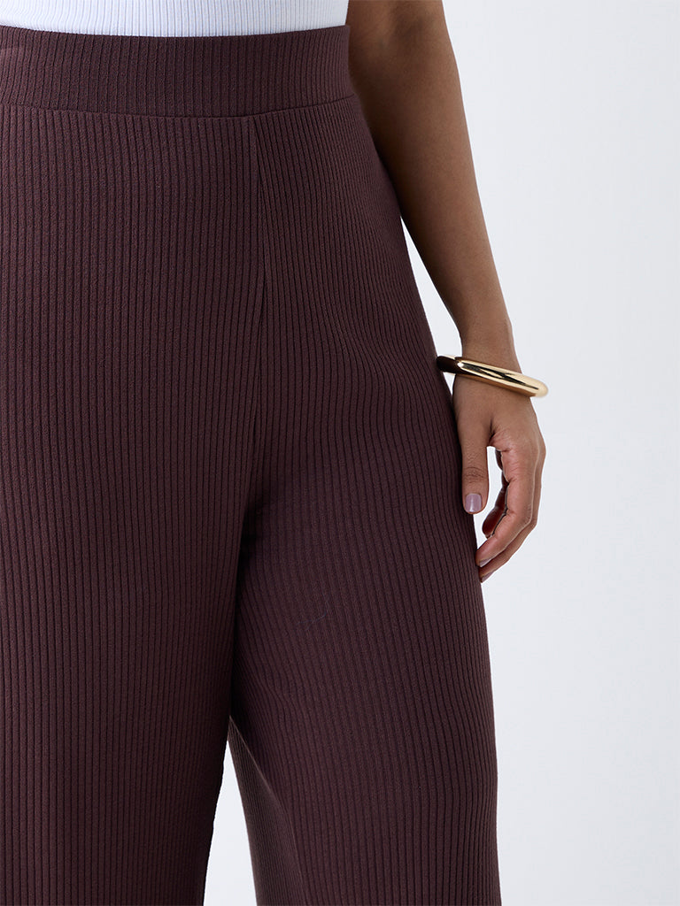 Gia Dark Brown Ribbed High-Rise Pants