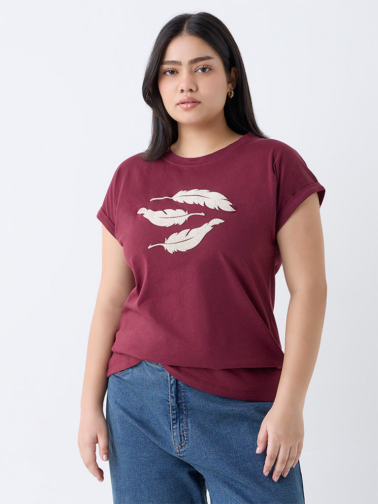 Gia Maroon Leaf Design Cotton T-Shirt