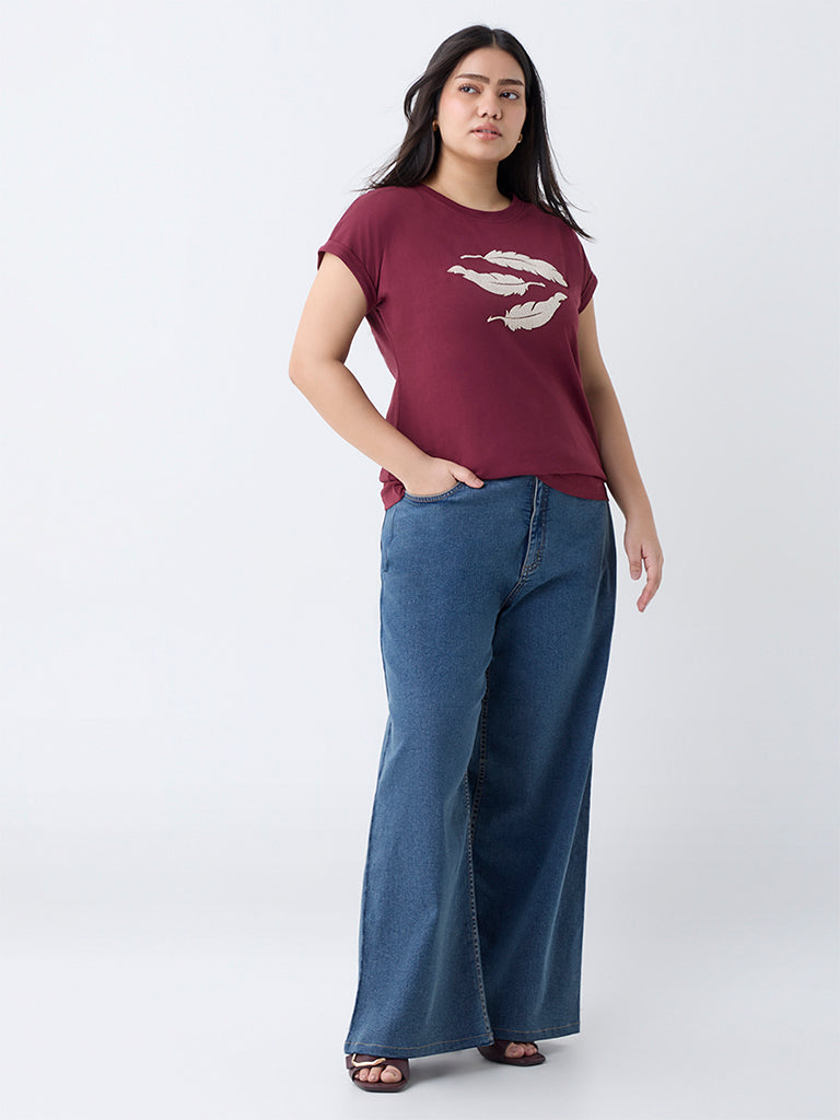 Gia Maroon Leaf Design Cotton T-Shirt