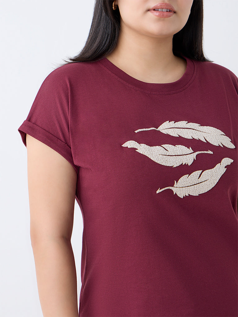 Gia Maroon Leaf Design Cotton T-Shirt
