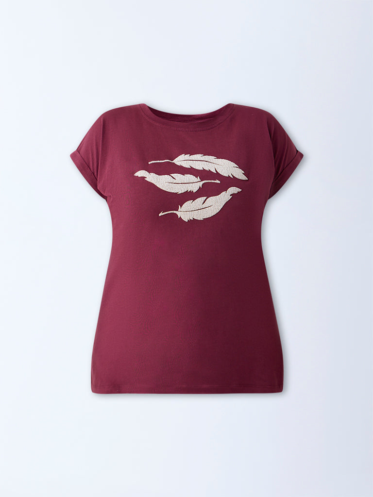 Gia Maroon Leaf Design Cotton T-Shirt