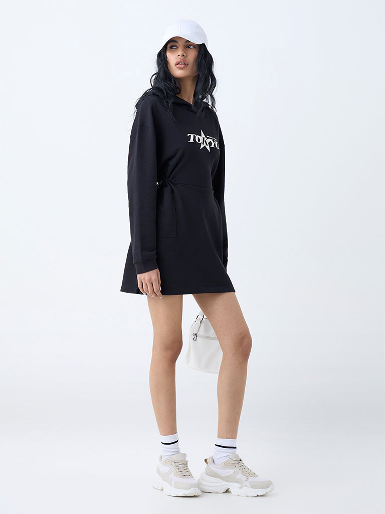 Westside Studiofit Women's Black Typographic Cotton-Blend A-Line Dress for Sports Wear Full View