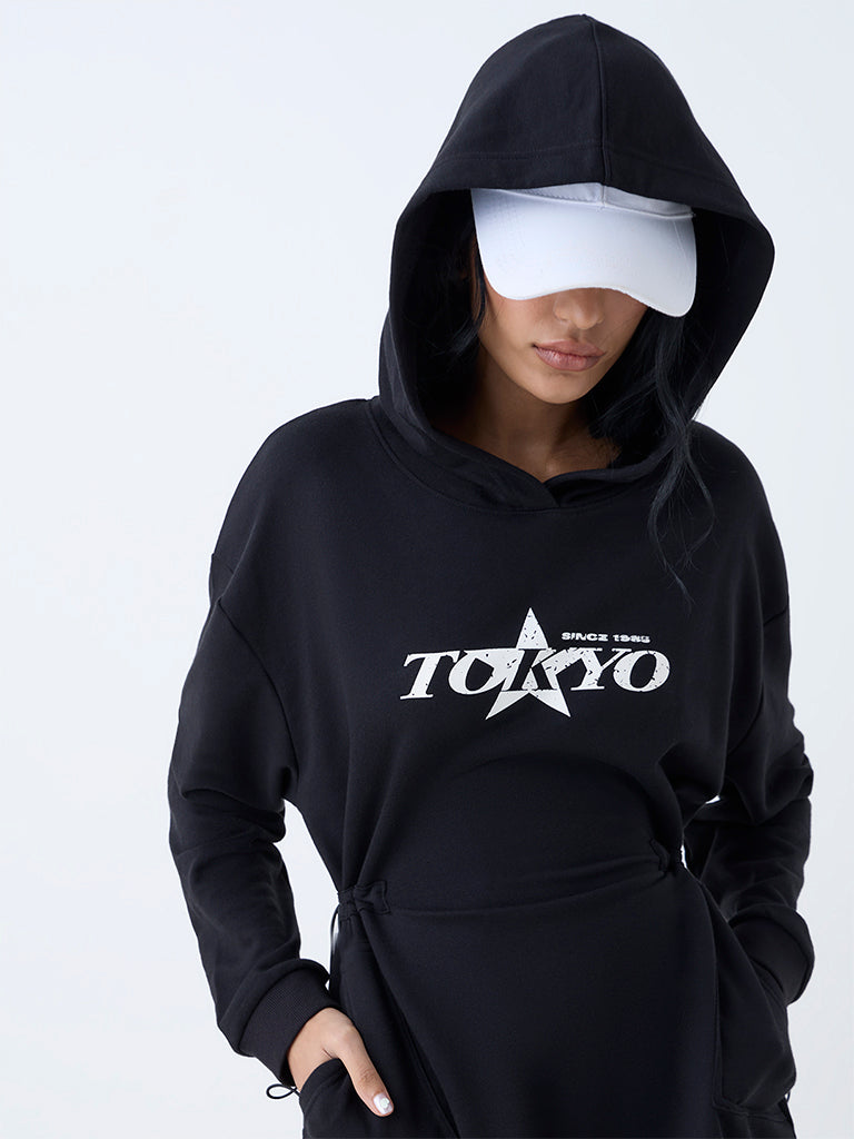 Westside Studiofit Women's Black Typographic Cotton-Blend A-Line Dress for Sports Wear Zoomed View