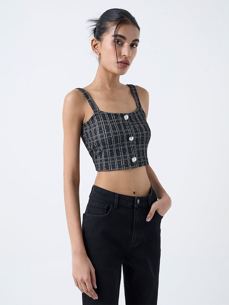 Nuon Black Checkered Tweed Top