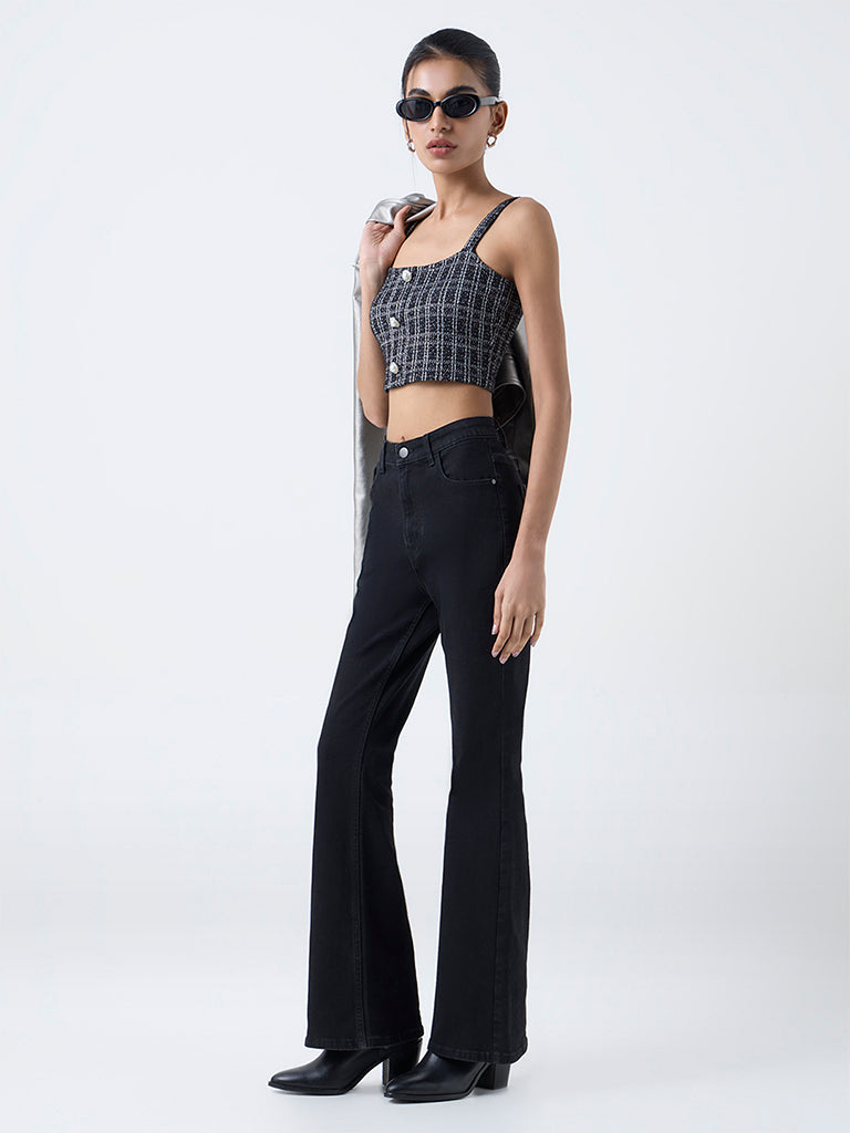 Nuon Black Checkered Tweed Top