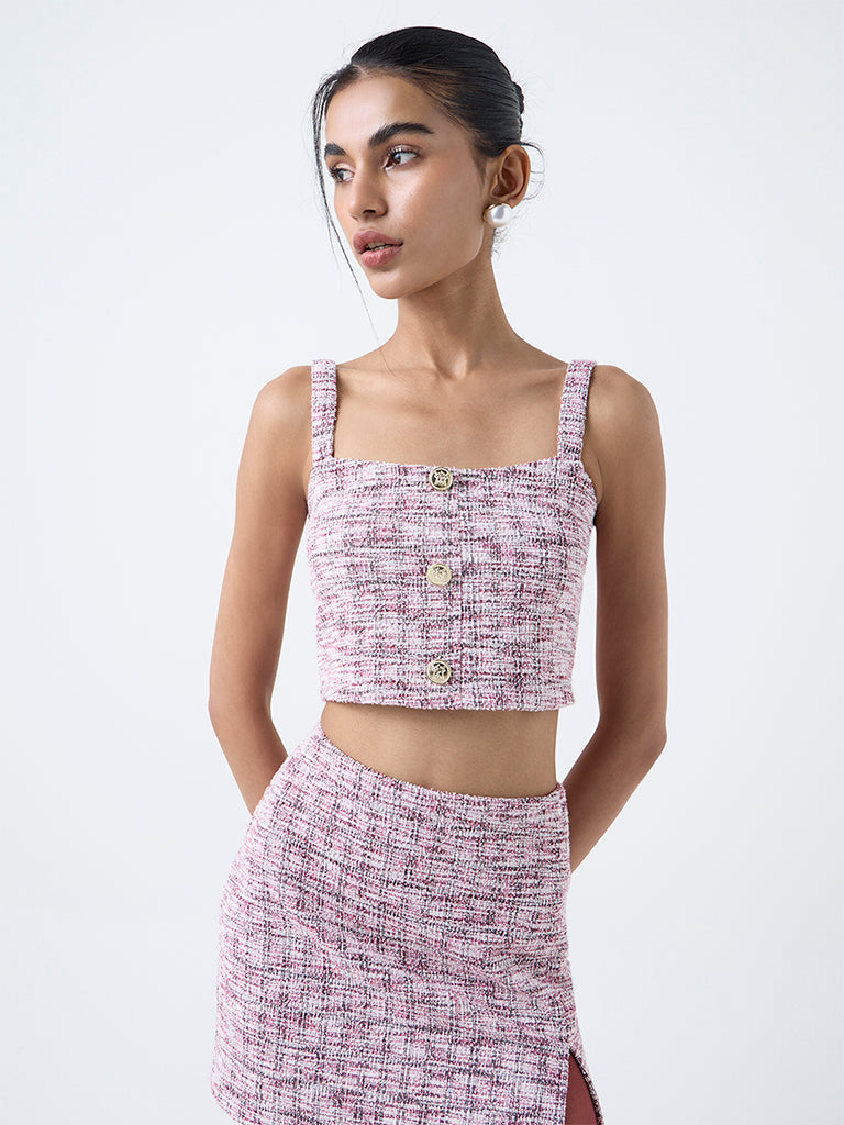 Nuon Pink Checkered Tweed Top