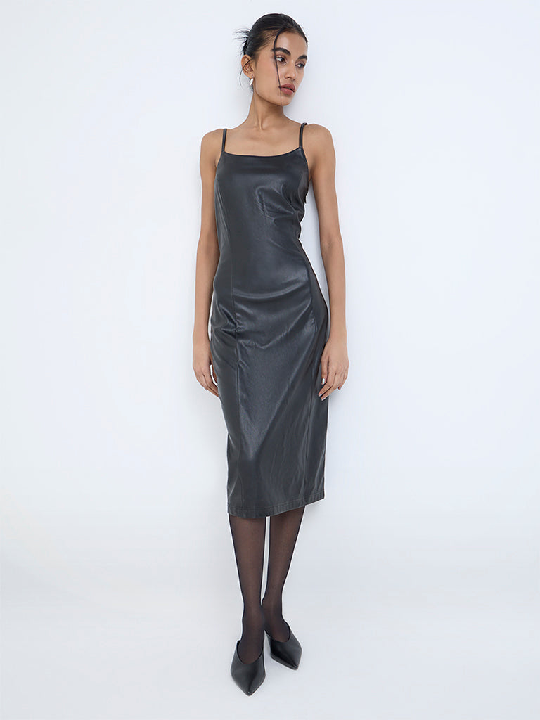 Nuon Black Faux-Leather Bodycon Dress