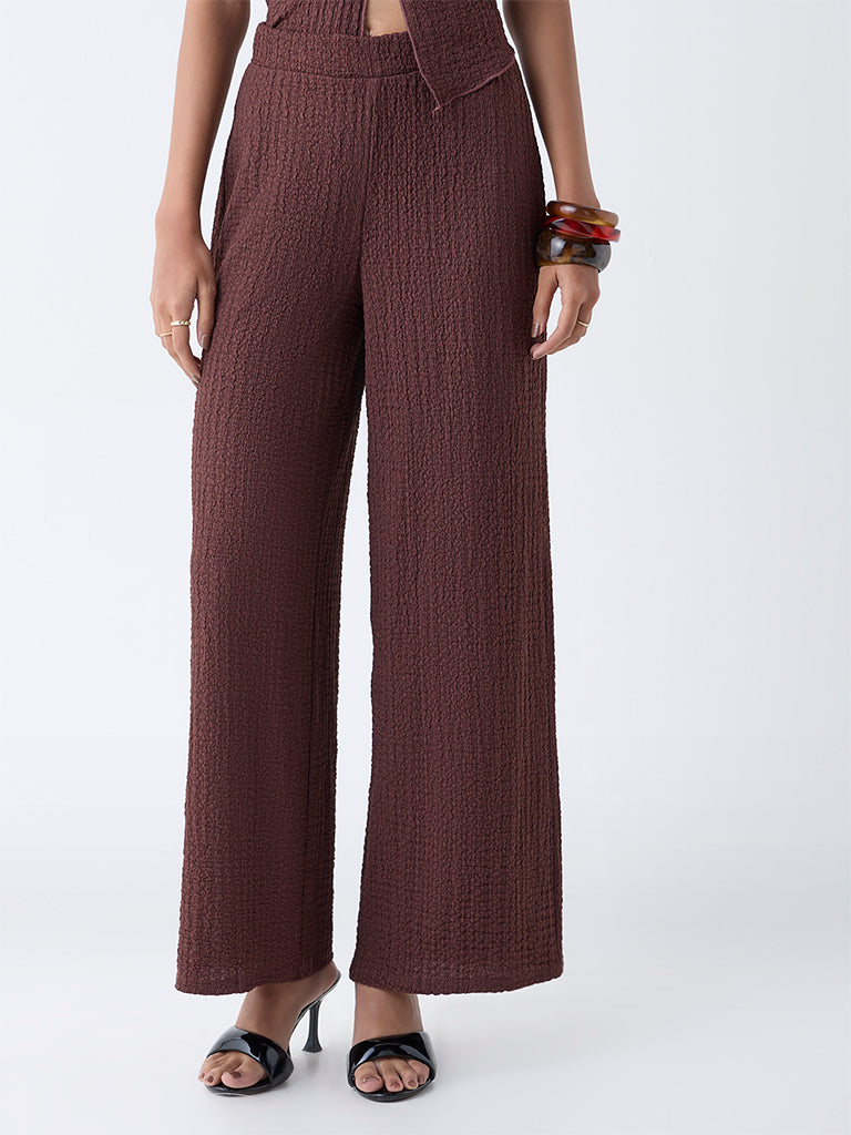 Nuon Brown Crinkled High-Rise Pants
