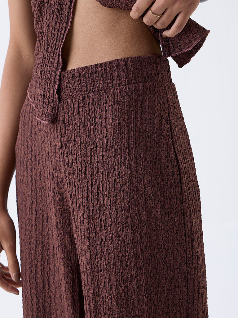 Nuon Brown Crinkled High-Rise Pants