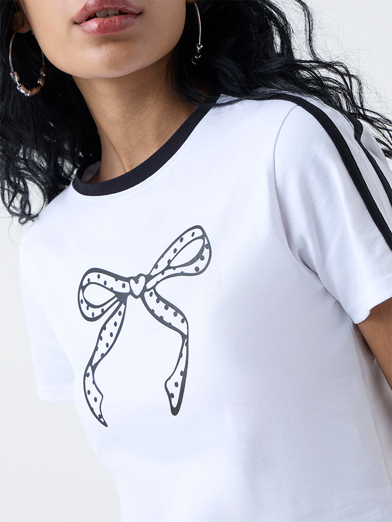 Nuon White Bow-Printed Cotton T-Shirt
