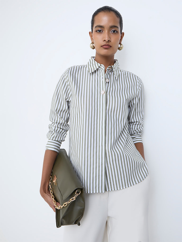 Wardrobe Olive Stripe Pattern Shirt