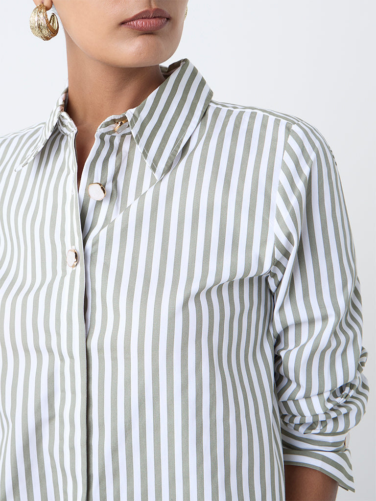 Wardrobe Olive Stripe Pattern Shirt