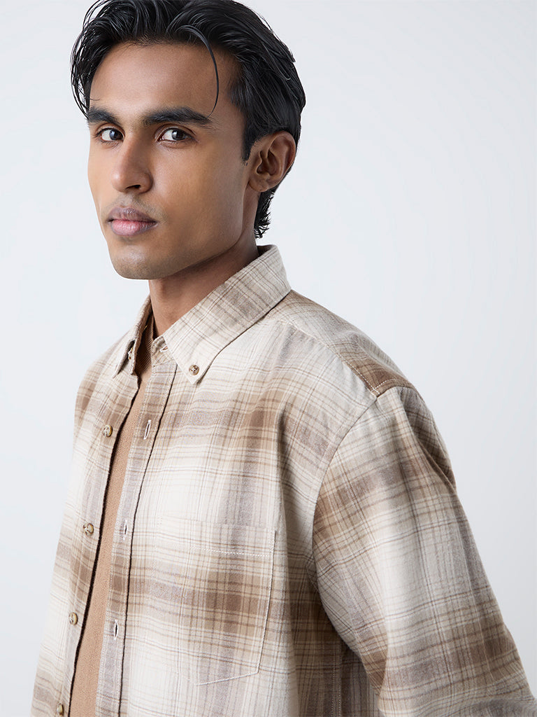 WES Casuals Tan Checks Pattern Relaxed-Fit Cotton Shirt