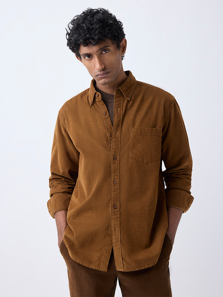 WES Casuals Tan Corduroy Relaxed-Fit Cotton Shirt