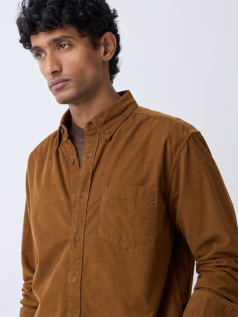 WES Casuals Tan Corduroy Relaxed-Fit Cotton Shirt