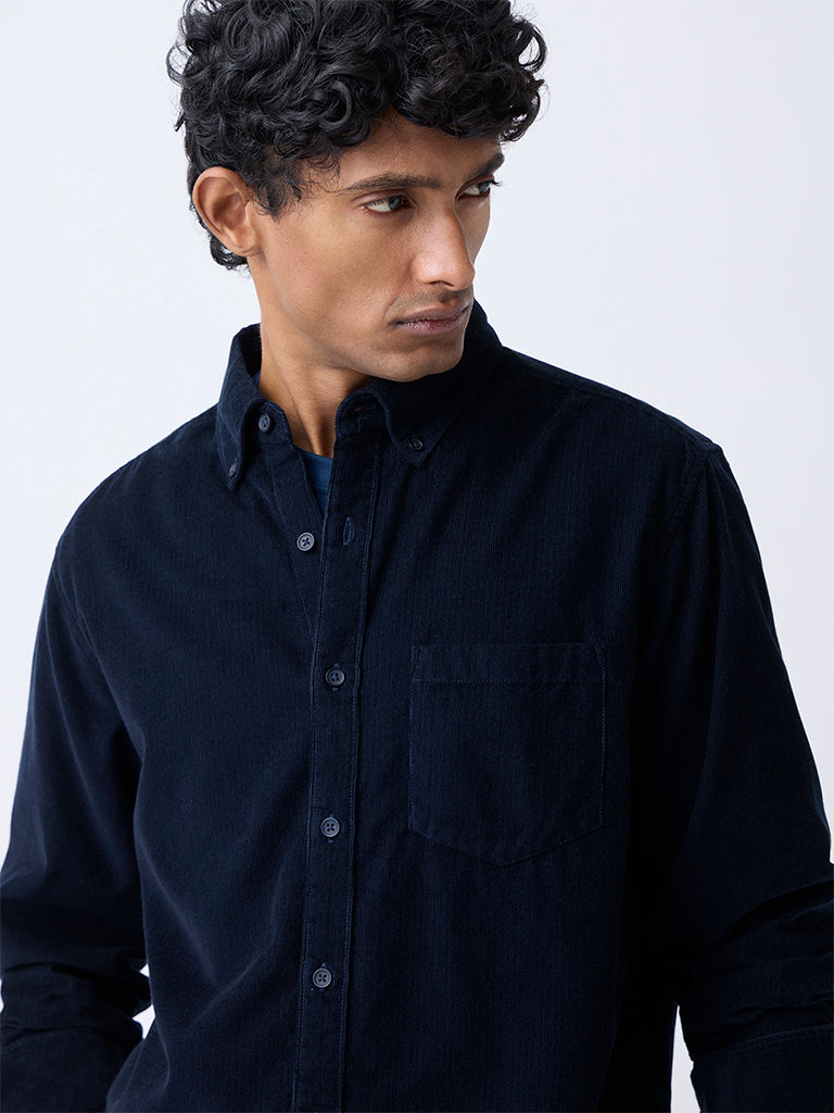 WES Casuals Navy Corduroy Relaxed-Fit Cotton Shirt
