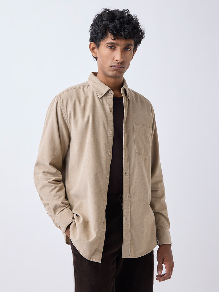 WES Casuals Beige Relaxed-Fit Corduroy Shirt