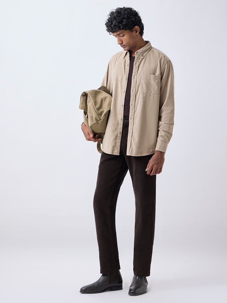 WES Casuals Beige Relaxed-Fit Corduroy Shirt