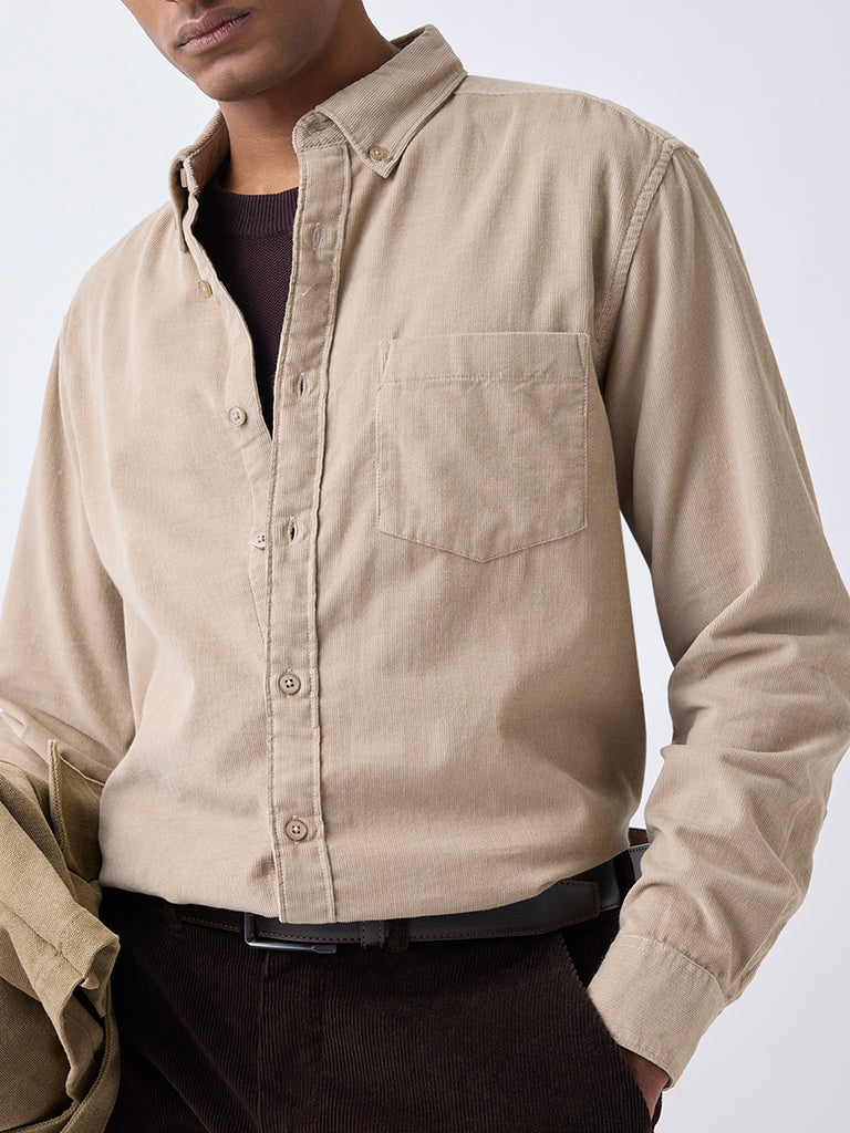 WES Casuals Beige Relaxed-Fit Corduroy Shirt