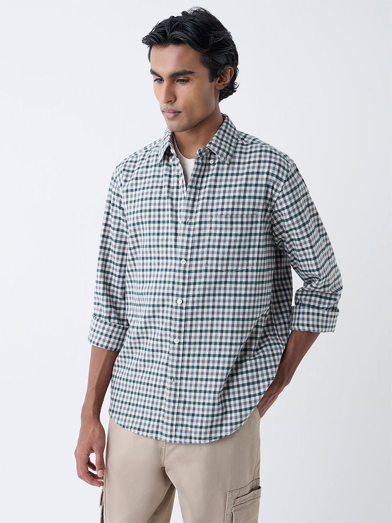 WES Casuals Green Checks Pattern Relaxed-Fit Cotton Shirt