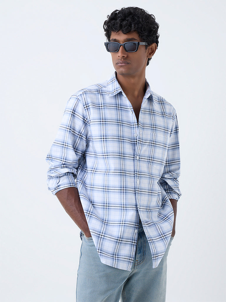 WES Casuals White Checkered Relaxed-Fit Cotton Shirt