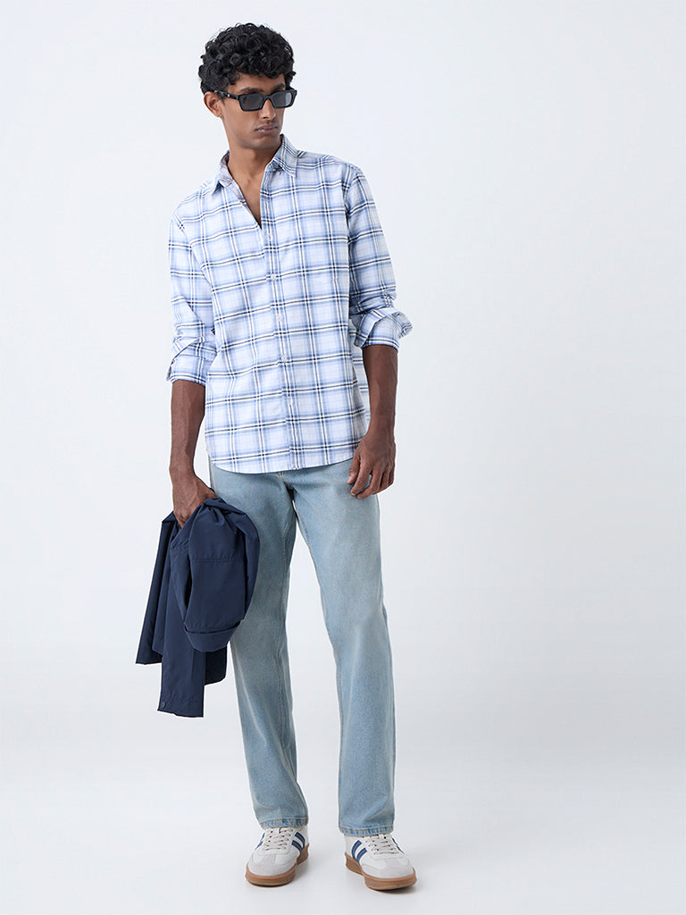 WES Casuals White Checkered Relaxed-Fit Cotton Shirt