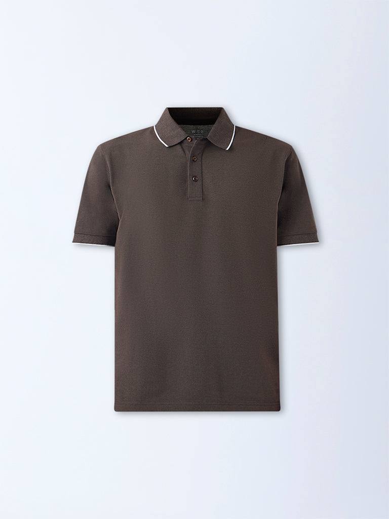 WES Casuals Brown Relaxed Fit Polo T-Shirt
