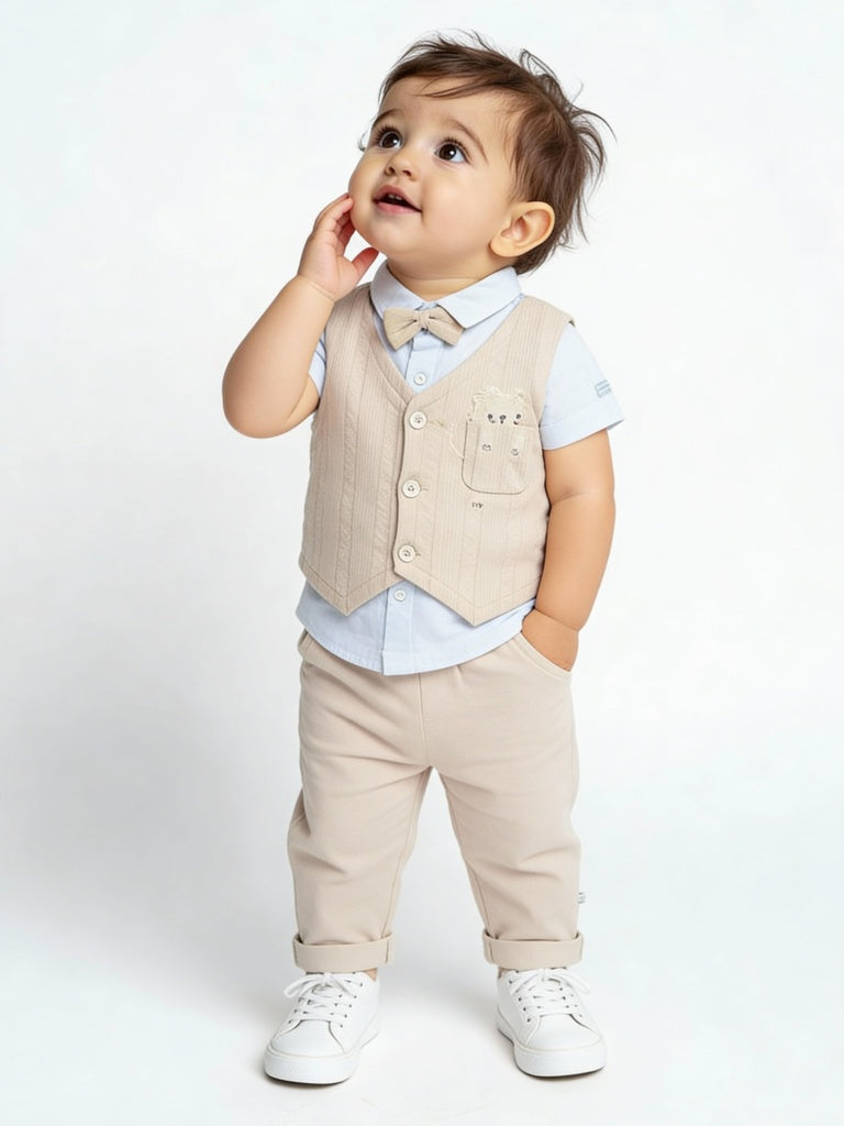 HOP Baby Boys Beige Cotton Waistcoat, Shirt and Pants Set