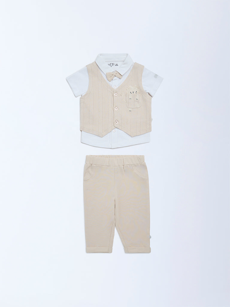 HOP Baby Boys Beige Cotton Waistcoat, Shirt and Pants Set