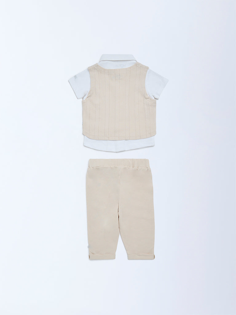 HOP Baby Boys Beige Cotton Waistcoat, Shirt and Pants Set