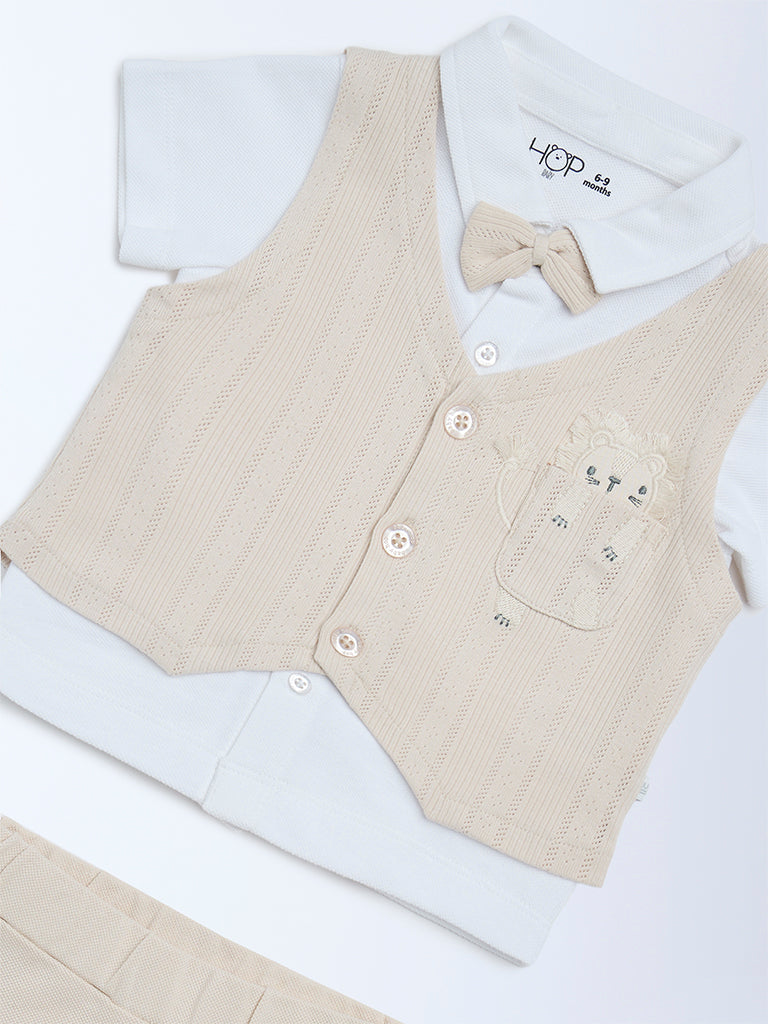 HOP Baby Boys Beige Cotton Waistcoat, Shirt and Pants Set