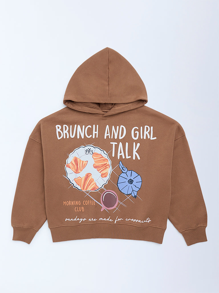 Girls Brown Printed Cotton-Blend Hoodie