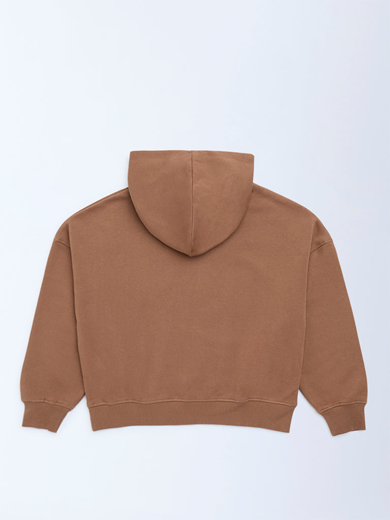 Girls Brown Printed Cotton-Blend Hoodie
