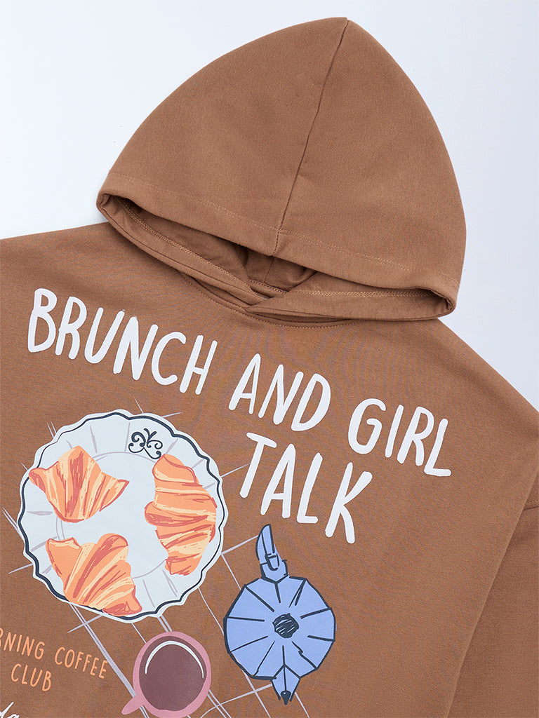 Girls Brown Printed Cotton-Blend Hoodie