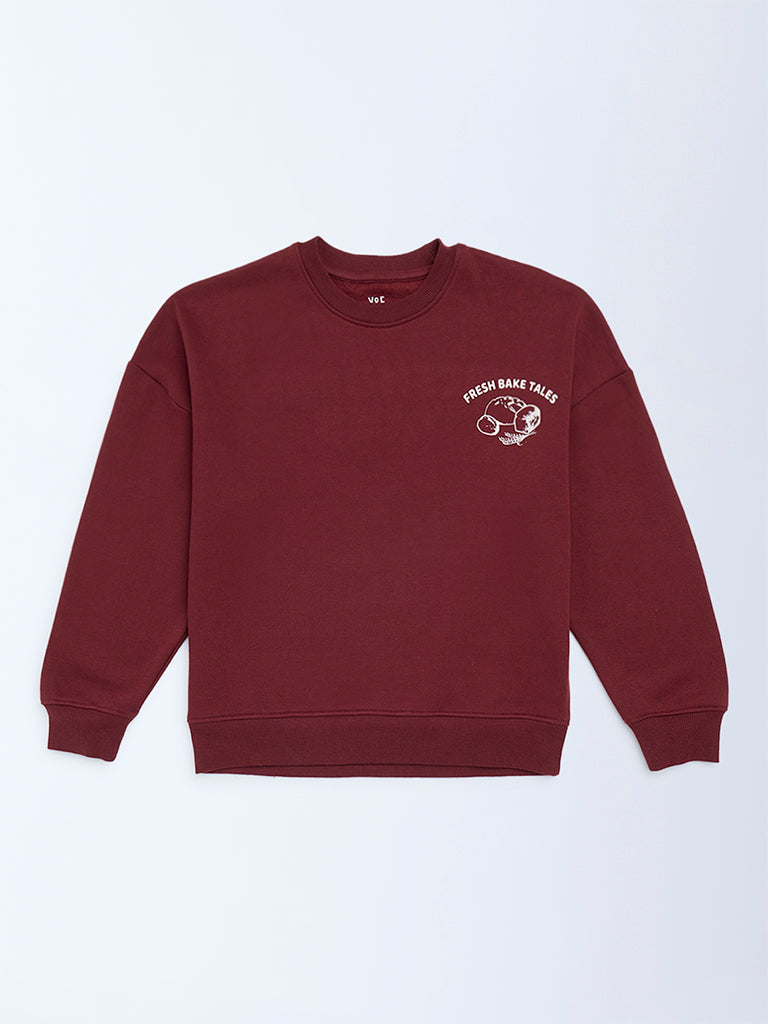 Girls Burgundy Printed Cotton-Blend Sweatshirt